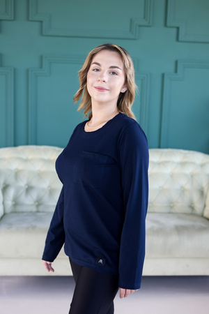 Koszulka Medyczna Damska Premium Bawełna Granat  Długi Rękaw