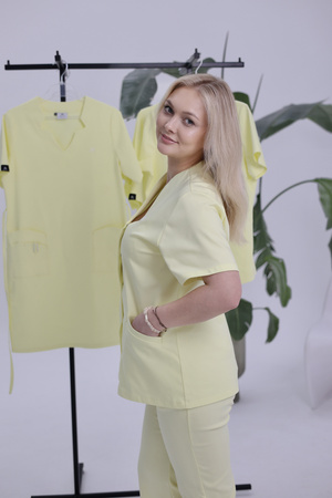 Komplet Medyczny Damski Taliowany Premium Bawełna  Cytrynowa Mgiełka