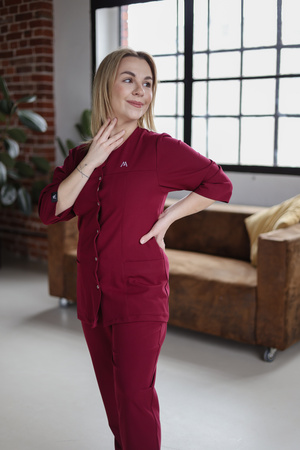 Komplet  Medyczny Damski Klasyczny Bawełna Premium  Bordowy  Burgund  rękaw 3/4