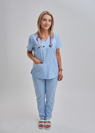 Komplet medyczny Damski Scrubs Luxe Premium Sztuczny Jedwab  Błękit Mgieł